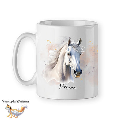 Mug Cheval Blanc, personnalisable avec prénom, tasse cadeau