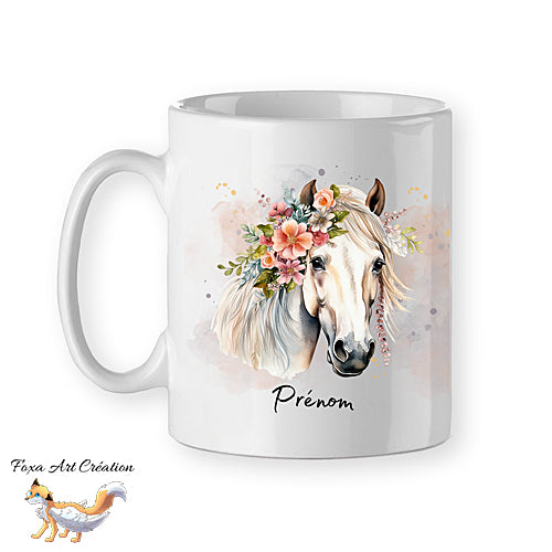 Mug Cheval Blanc Floral, personnalisable avec prénom, tasse cadeau