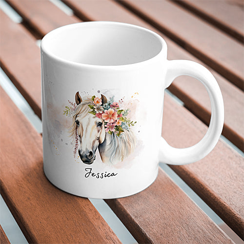 Mug Cheval Blanc Floral, personnalisable avec prénom, tasse cadeau
