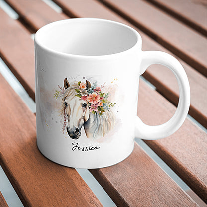 Mug Cheval Blanc Floral, personnalisable avec prénom, tasse cadeau