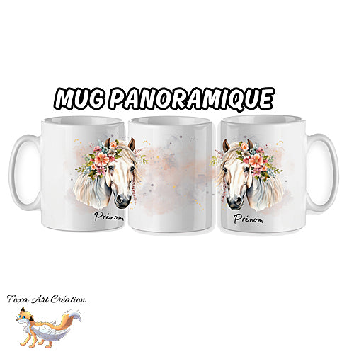 Mug Cheval Blanc Floral, personnalisable avec prénom, tasse cadeau