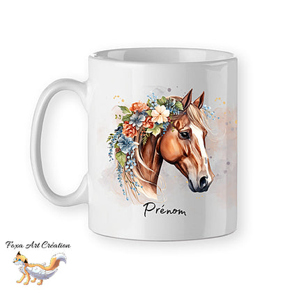 Mug Cheval Floral, personnalisable avec prénom, tasse cadeau