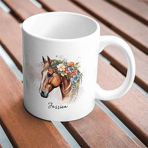 Mug Cheval Floral, personnalisable avec prénom, tasse cadeau