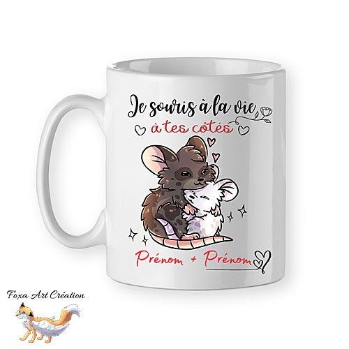 Mug Souris Amoureuses Prénoms, tasse personnalisable couple, "je souris à la vie à tes côtés"