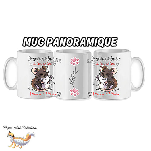 Mug Souris Amoureuses Prénoms, tasse personnalisable couple, "je souris à la vie à tes côtés"