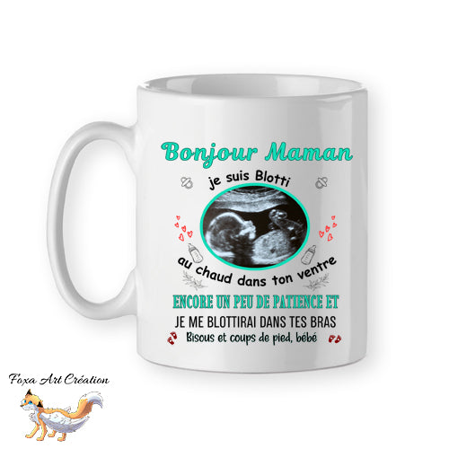 Mug personnalisé avec échographie, bonjour maman, turquoise, tasse cadeau personnalisable, fête des mères