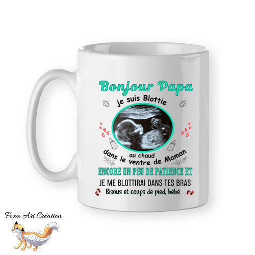 Mug personnalisé avec échographie, bonjour papa, turquoise, tasse cadeau personnalisable, fête des pères