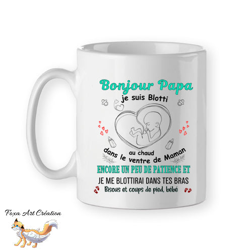 Mug personnalisé arrivée de bébé, bonjour papa, turquoise, tasse cadeau personnalisable, fête des pères