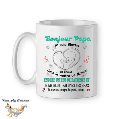 Mug personnalisé arrivée de bébé, bonjour papa, turquoise, tasse cadeau personnalisable, fête des pères