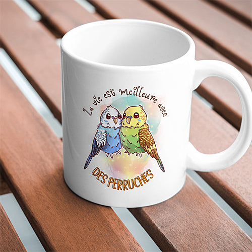 Mug Perruches Ondulées "la vie est meilleure avec des perruches", tasse cadeau