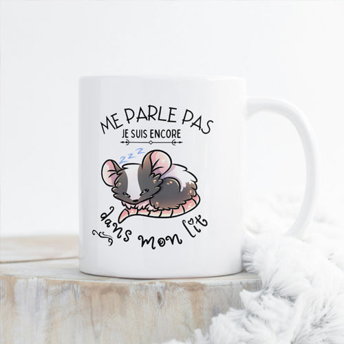 Mug Souris Endormie - "Me parle pas je suis encore dans mon lit", humour café, tasse cadeau