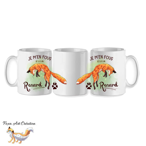 Mug drôle "Je m'en fous je suis un Renard" illustré par Foxa Art Création. Tasse en céramique renard roux sautant, idéale pour un cadeau plein d'humour. Fait main.