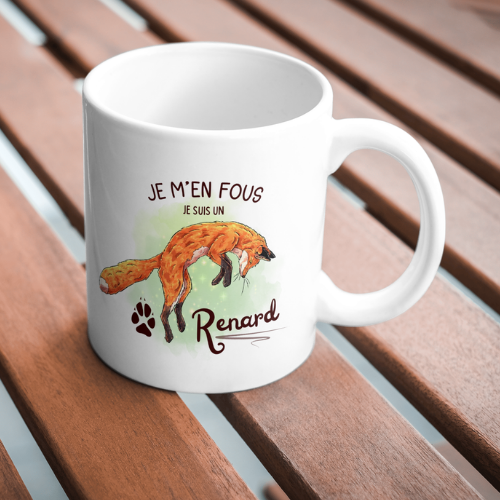 Mug drôle "Je m'en fous je suis un Renard" illustré par Foxa Art Création. Tasse en céramique renard roux sautant, idéale pour un cadeau plein d'humour. Fait main.