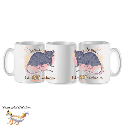 Mug personnalisé rat domestique avec la phrase "Je suis ext-RAT-ordinaire" illustré par Foxa Art Création. Choisissez parmi 9 couleurs de pelage. Fait main en France.
