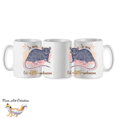 Mug personnalisé rat domestique avec la phrase "Je suis ext-RAT-ordinaire" illustré par Foxa Art Création. Choisissez parmi 9 couleurs de pelage. Fait main en France.