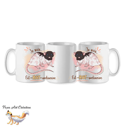 Mug personnalisé rat dumbo domestique avec la phrase "Je suis ext-RAT-ordinaire" illustré par Foxa Art Création. Choisissez parmi 9 couleurs de pelage. Fait main en France.