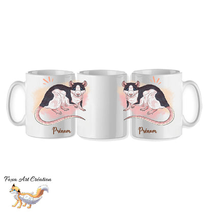 Mug personnalisé rat domestique personnalisable avec prénom par Foxa Art Création. Choisissez parmi 9 couleurs de pelage. Fait main en France.
