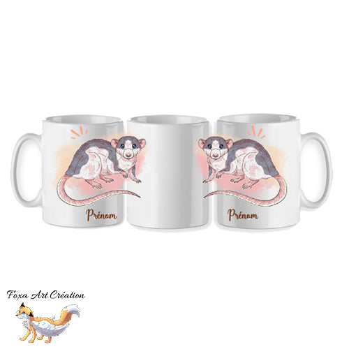 Mug personnalisé rat dumbo domestique personnalisable avec prénom par Foxa Art Création. Choisissez parmi 9 couleurs de pelage. Fait main en France.