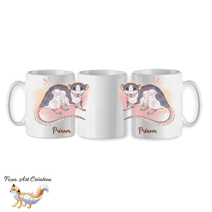 Mug personnalisé rat dumbo domestique personnalisable avec prénom par Foxa Art Création. Choisissez parmi 9 couleurs de pelage. Fait main en France.