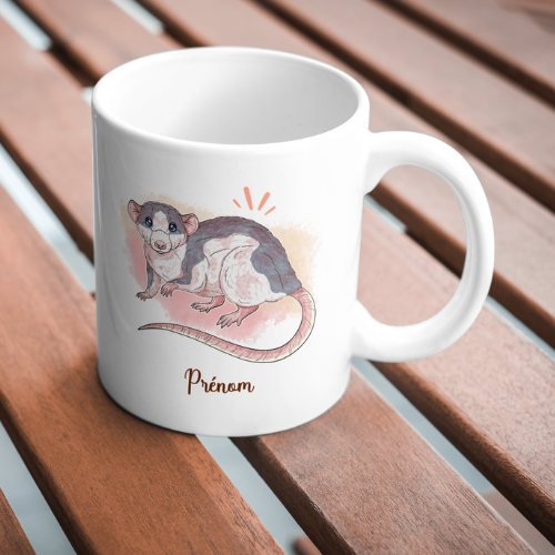 Mug personnalisé rat dumbo domestique personnalisable avec prénom par Foxa Art Création. Choisissez parmi 9 couleurs de pelage. Fait main en France.