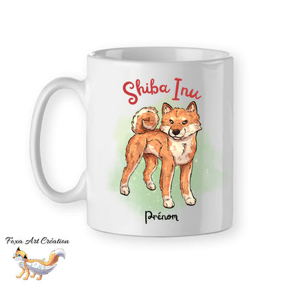 Mug en céramique blanche illustré d un Shiba Inu roux personnalisé avec un prénom par Foxa Art Création