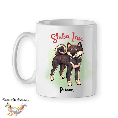 Mug personnalisé en céramique illustré d un Shiba Inu noir et feu avec prénom