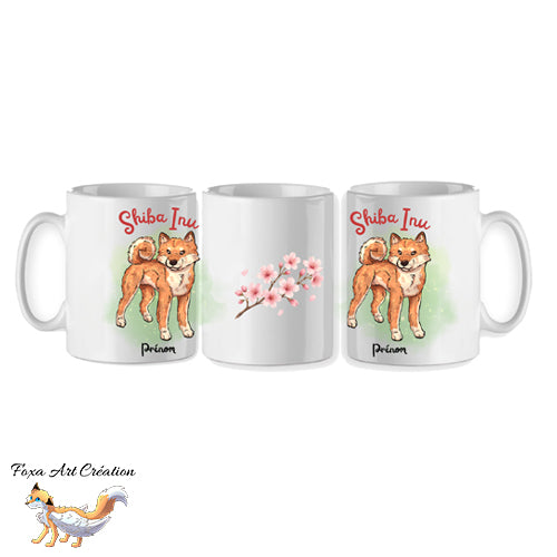 Vue d ensemble du mug Shiba Inu montrant le motif de chien des deux côtés et la branche de cerisier au dos