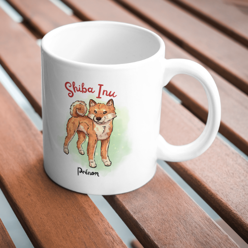 Tasse à café illustrée d un Shiba Inu posée sur une table en bois