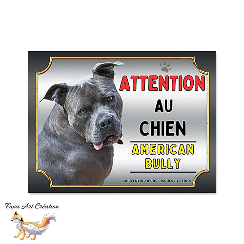 Plaque attention au chien American Bully bleu monte la garde Panneau pancarte