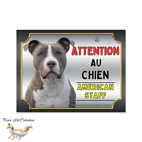 Plaque attention au chien race American Staff bleu blanc monte la garde Panneau pancarte