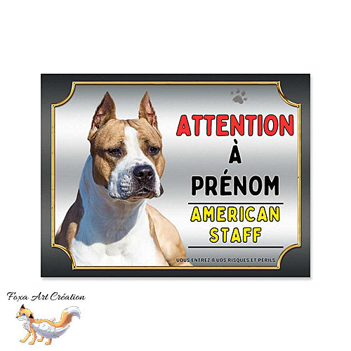Plaque attention au chien American Staff marron blanc monte la garde Panneau pancarte