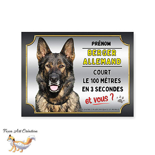 Plaque de portail Berger Allemand gris cours le 100 mètres en 3 secondes et vous