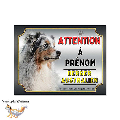 Plaque chien Attention Berger Australien merle bleu monte la garde