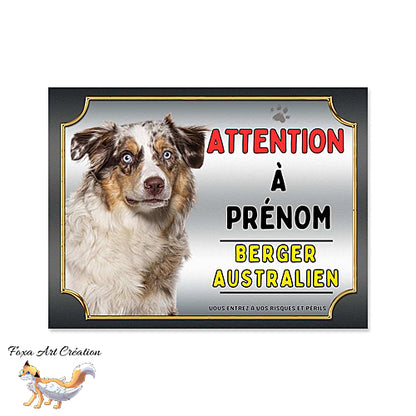 Plaque chien Attention Berger Australien merle rouge monte la garde