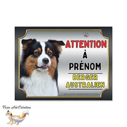 Plaque chien Attention Berger Australien tricolore monte la garde