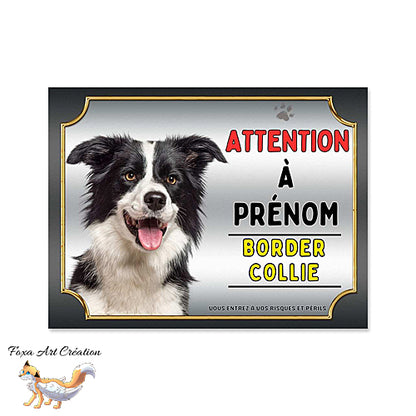 Plaque Attention au chien race Border Collie monte la garde