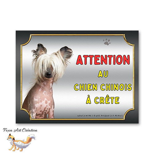 Plaque Chien Chinois à crête Attention au chien Panneau pancarte