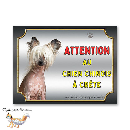 Plaque Chien Chinois à crête Attention au chien Panneau pancarte