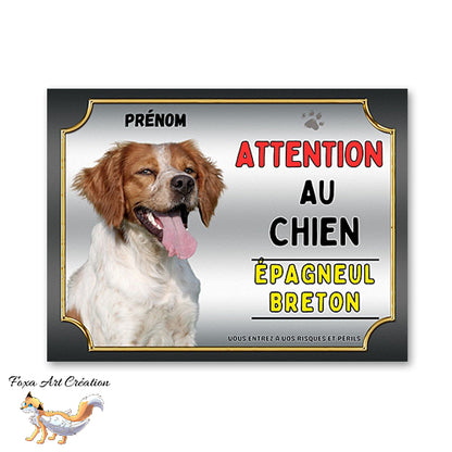 Plaque de portail Épagneul Breton Panneau Attention au chien