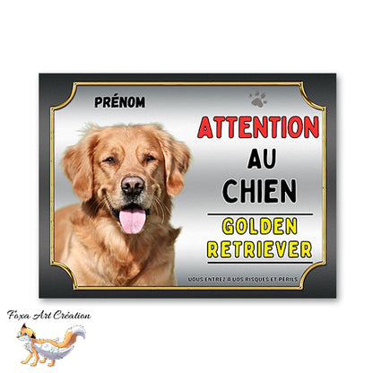 Plaque Golden Retriever Attention au chien Panneau pancarte