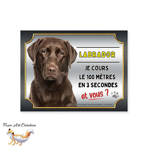 Plaque de portail Labrador chocolat cours le 100 mètres en 3 secondes et vous