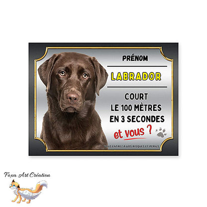 Plaque de portail Labrador chocolat cours le 100 mètres en 3 secondes et vous