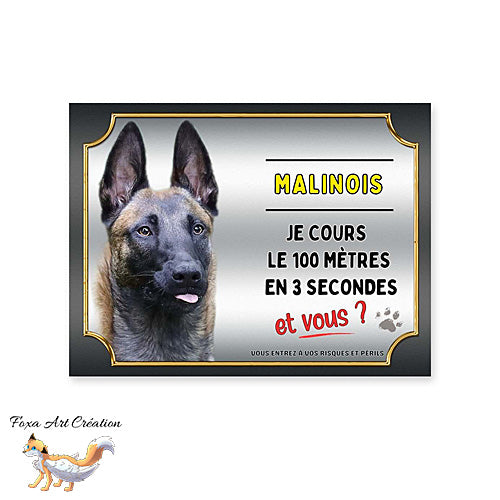 Plaque de portail chien race Malinois cours le 100 mètres en 3 secondes et vous