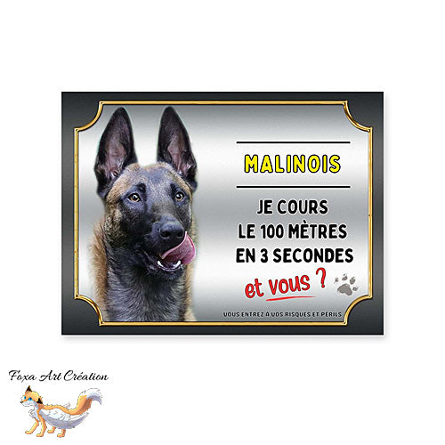 Plaque de portail race Malinois cours le 100 mètres en 3 secondes et vous