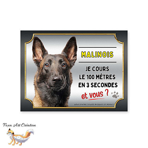 Plaque de portail chien Malinois cours le 100 mètres en 3 secondes et vous