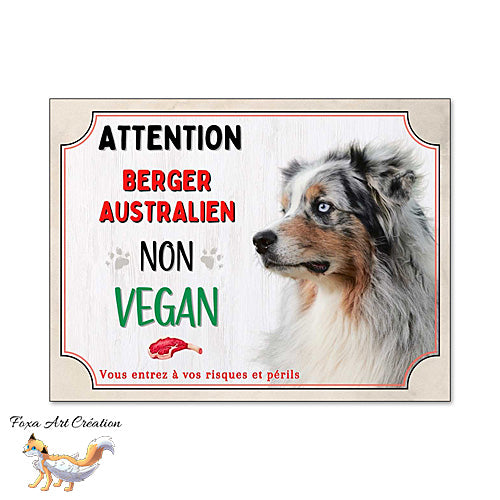 Plaque humour Attention au Chien Berger Australien merle bleu je ne suis pas vegan