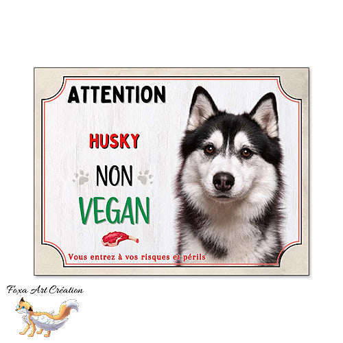 Plaque de portail humour Attention Chien Husky je ne suis pas vegan