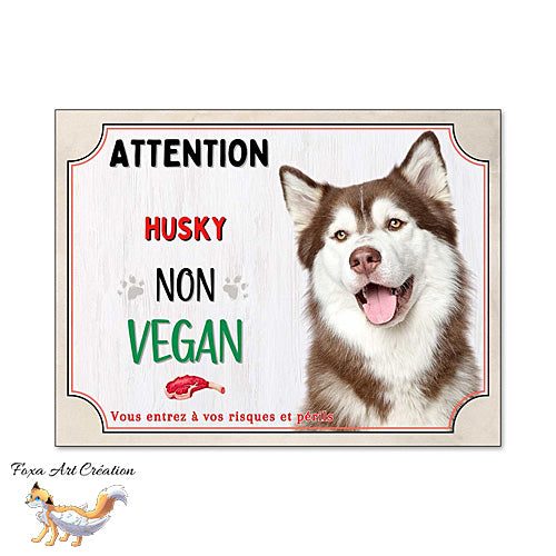 Plaque de portail humour Attention Chien Husky roux je ne suis pas vegan