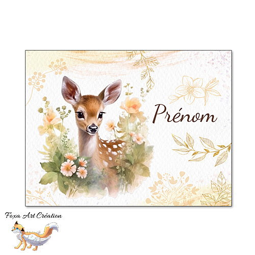 Plaque de Chambre Faon, Cerf, Biche, Animal de la Forêt, Fleurs Dorées, Panneau de porte décoratif personnalisé