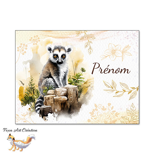 Plaque de Chambre Bébé Lémurien Maki Catta, Portrait, Panneau de porte décoratif personnalisé, fleurs dorées